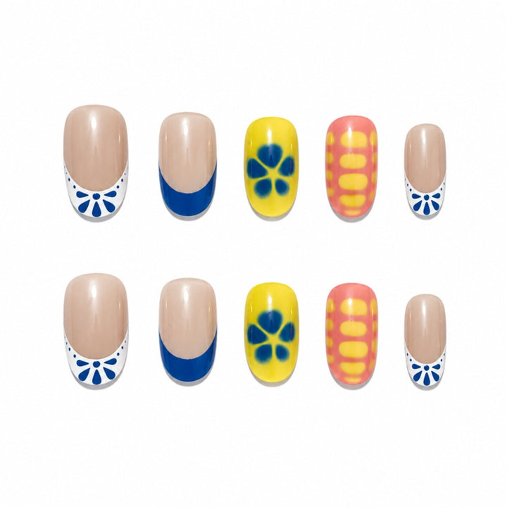 Artistic Press-On Nail Set with Floral and Geometric Designs Bowlift