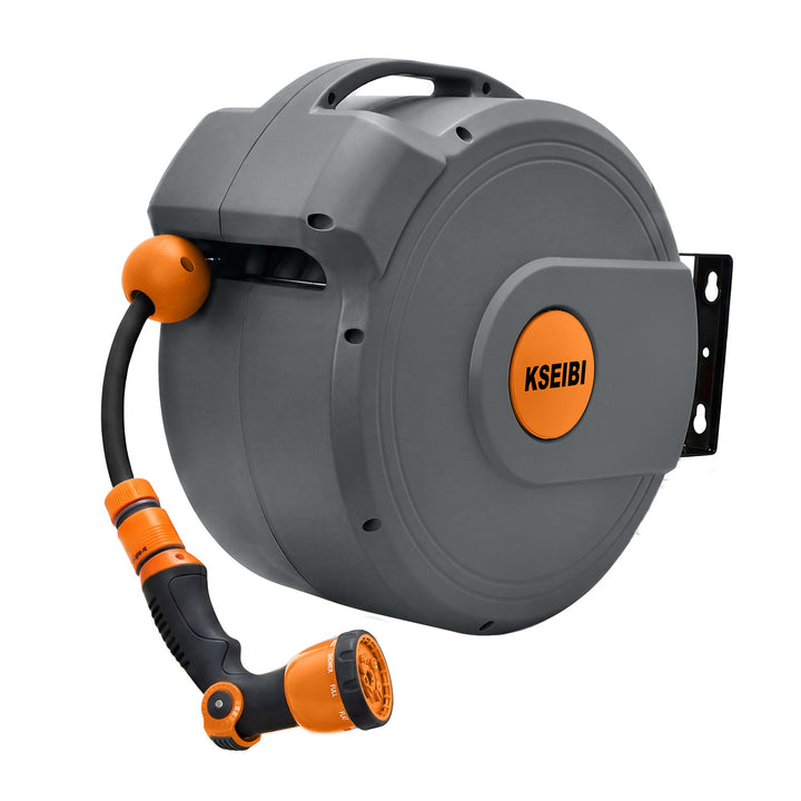 heavy-duty retractable wall-mounted garden hose reel with rubber hose and adjustable multi-pattern spray nozzle Bowlift