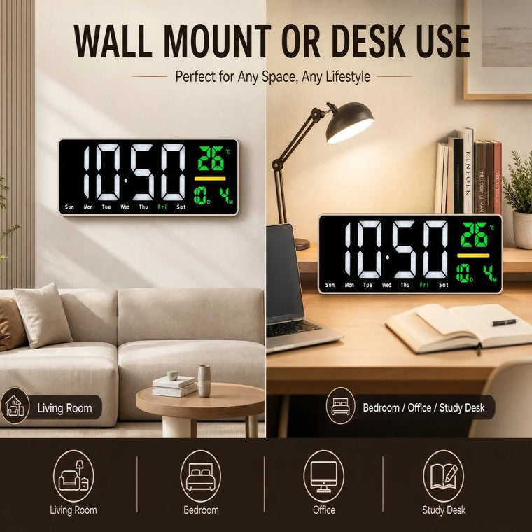 Digital wall clock with temperature and calendar display Bowlift