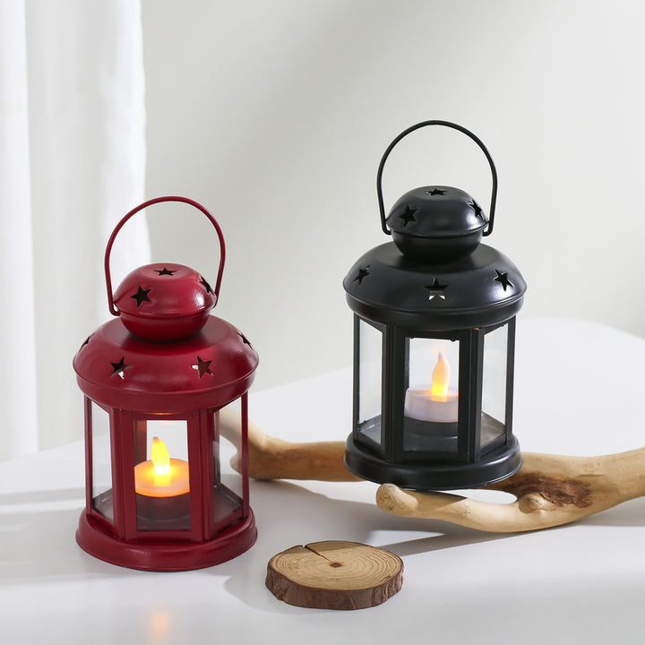Hexagonal Glass-Paneled Metal Tealight Lantern with Star Vent Cutouts Bowlift