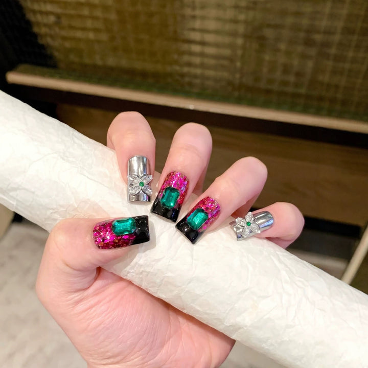 Glamorous Press-On Nail Design with Jewel Accents Bowlift