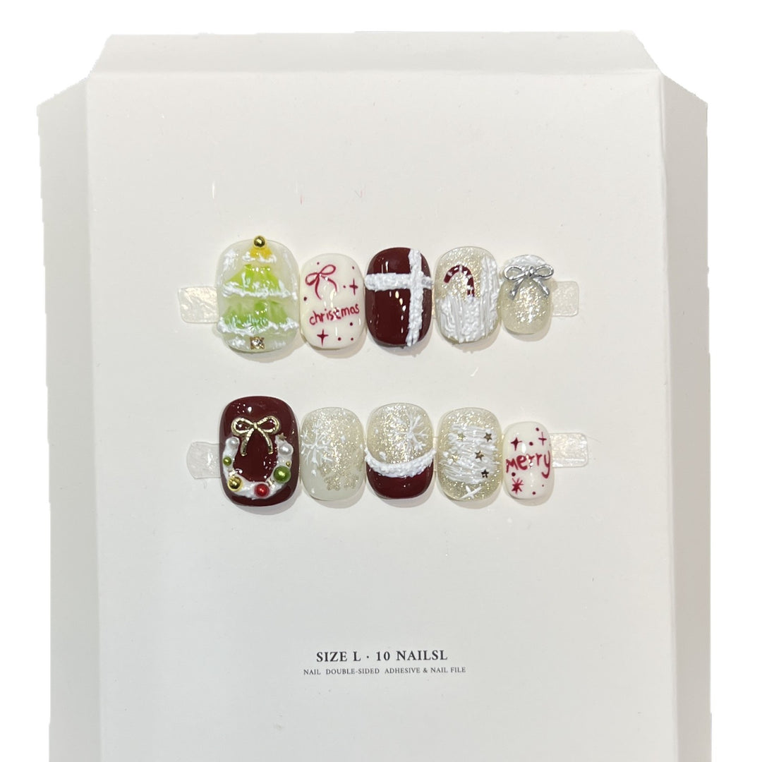 Festive Holiday-Themed Press-On Nail Art Set Bowlift