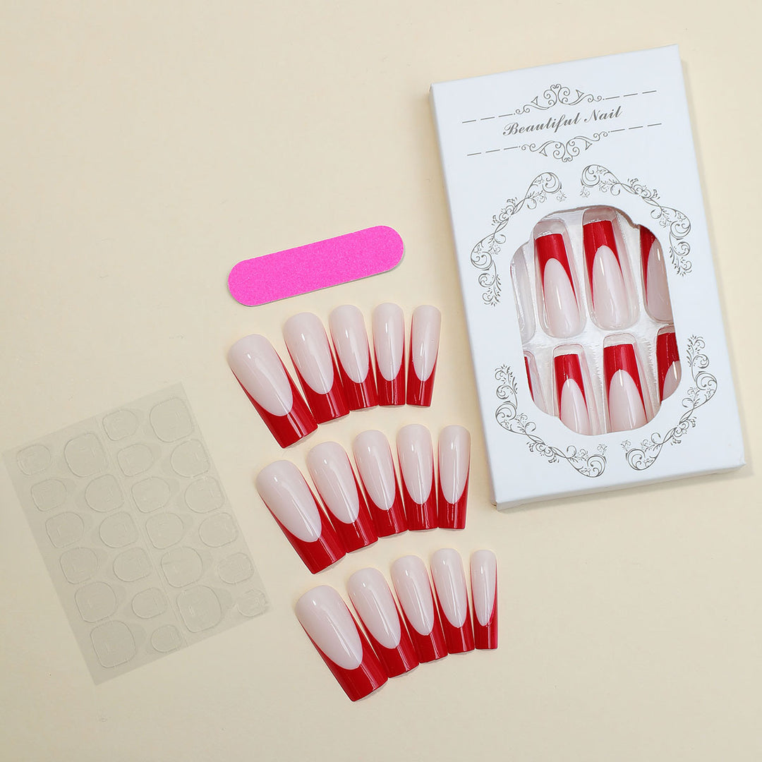 Elegant Press-On Nail Set with Artistic Red and White Design Bowlift