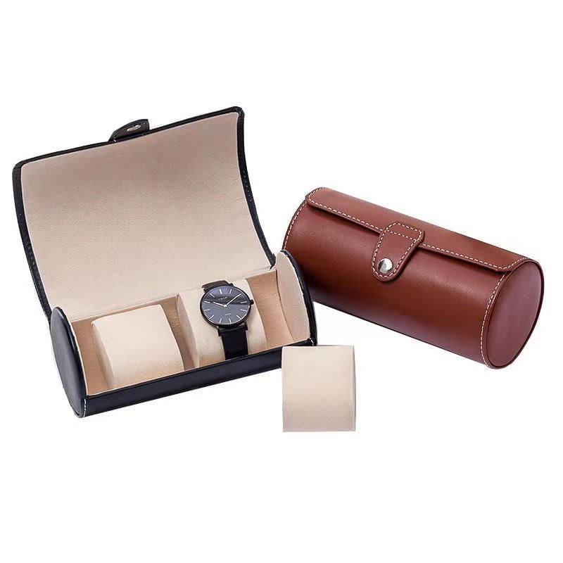 Cylindrical PU Leather Travel Watch Roll Case with Snap Closure Bowlift