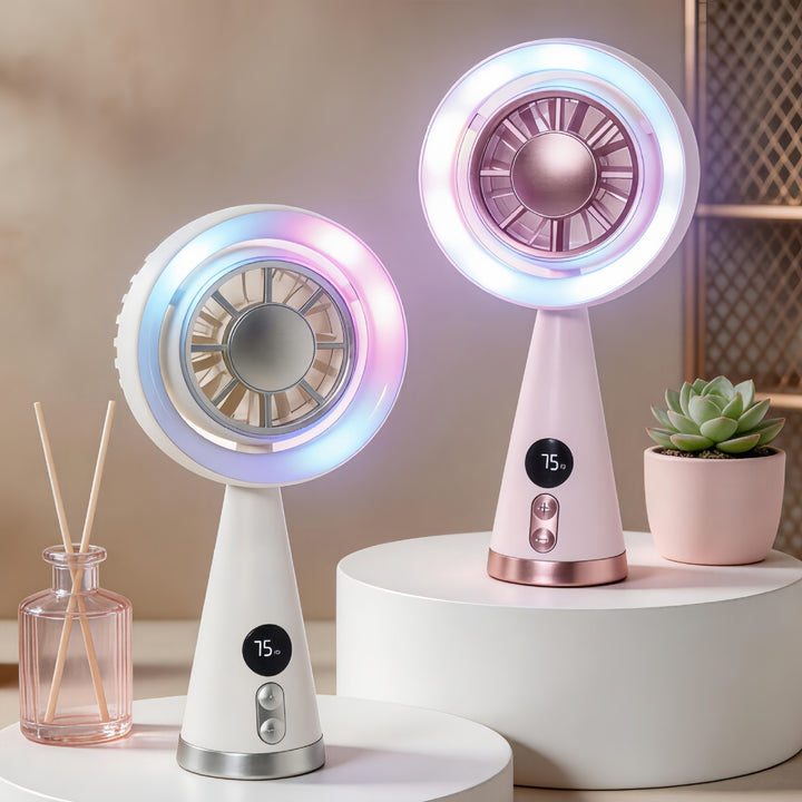 Portable hand fan with RGB LED lighting and precise temperature display Bowlift