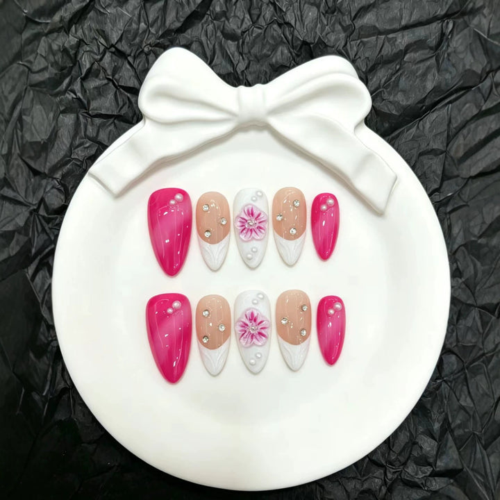 Glamorous Press-On Nail Set with Floral and Gem Accents
