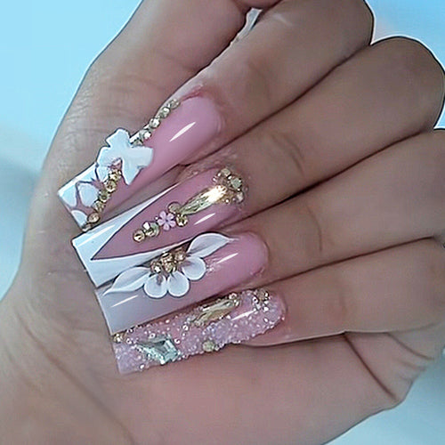 Decorative Artificial Nail Set with Floral and Gem Accents Bowlift