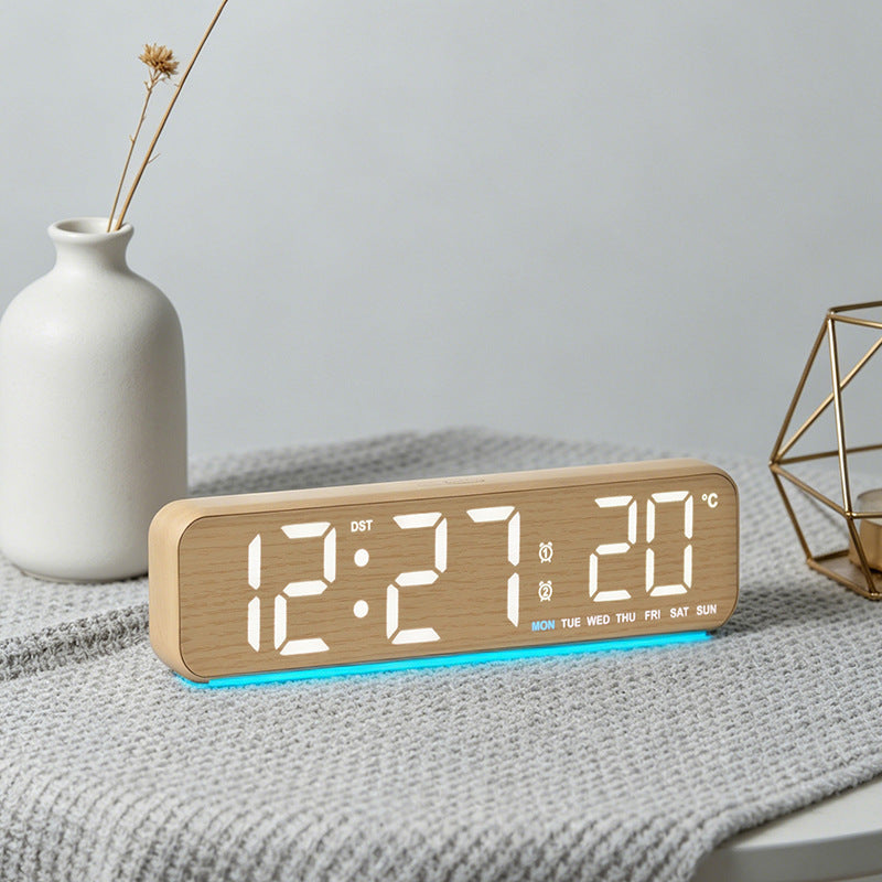 Digital wooden alarm clock with temperature and day of the week display Bowlift