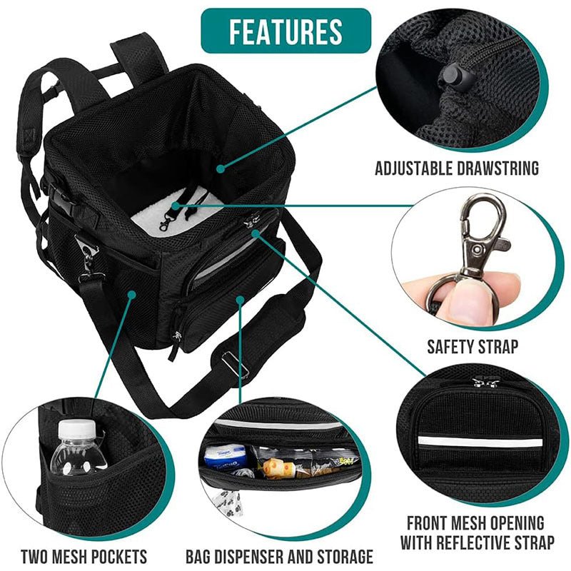 rectangular insulated pet travel tote with drawstring mesh canopy front-access pocket and adjustable padded shoulder strap Bowlift