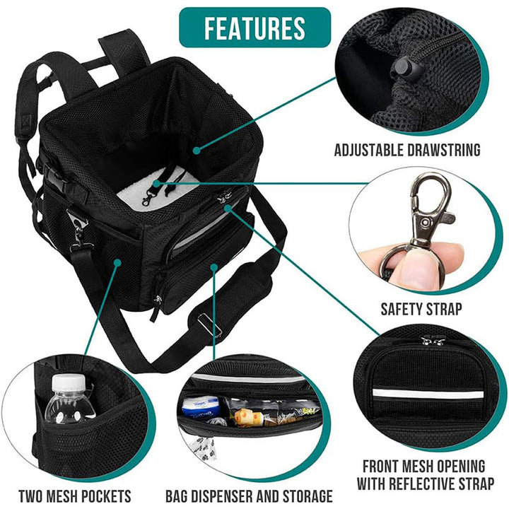 rectangular insulated pet travel tote with drawstring mesh canopy front-access pocket and adjustable padded shoulder strap Bowlift