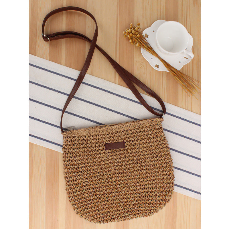 Woven Natural Material Shoulder Bag with Removable Leather Strap Bowlift
