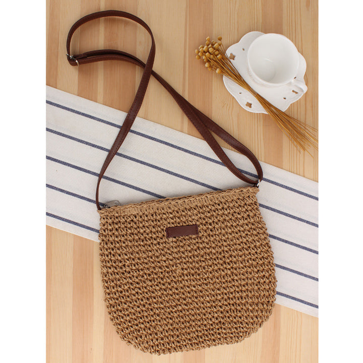 Woven Natural Material Shoulder Bag with Removable Leather Strap Bowlift
