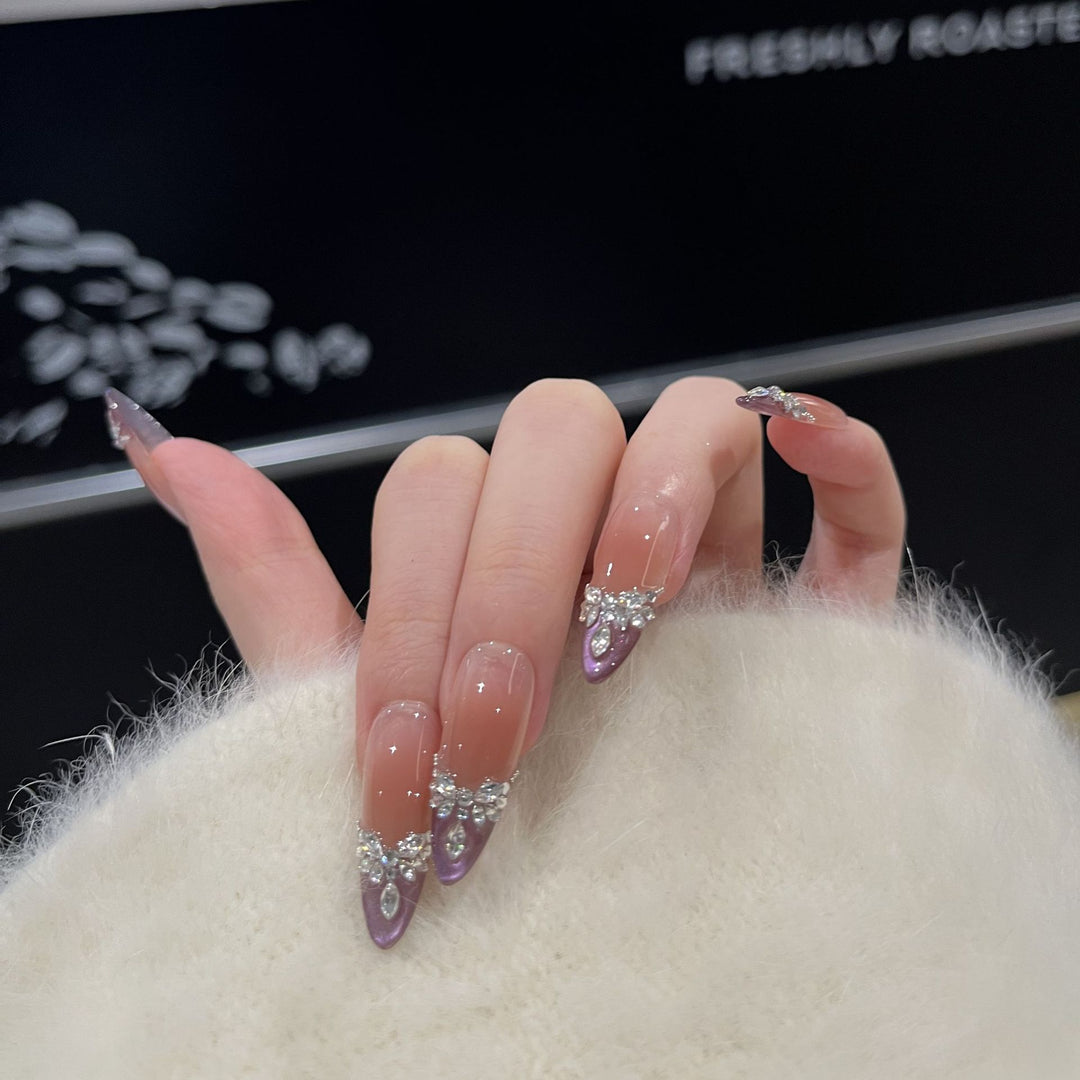 Elegant Stiletto Press-On Nail Set with Gemstone Embellishments Bowlift