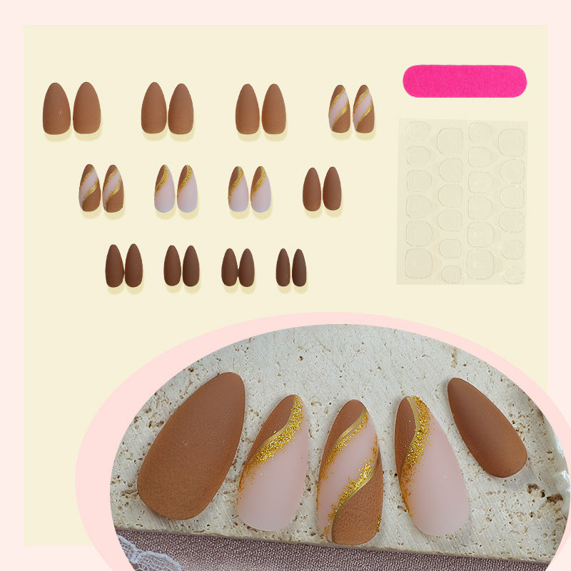 Elegant Press-On Nail Set with Decorative Gold Stripe Design Bowlift