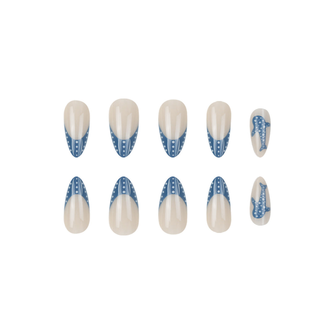 Elegant Shark-Inspired French Tip Press-On Nails Bowlift