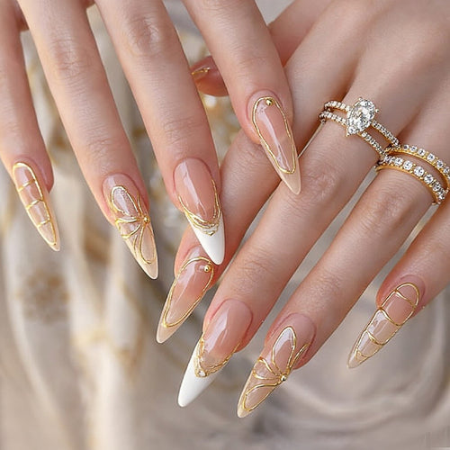 Artificial nail set with elegant floral golden accent Bowlift