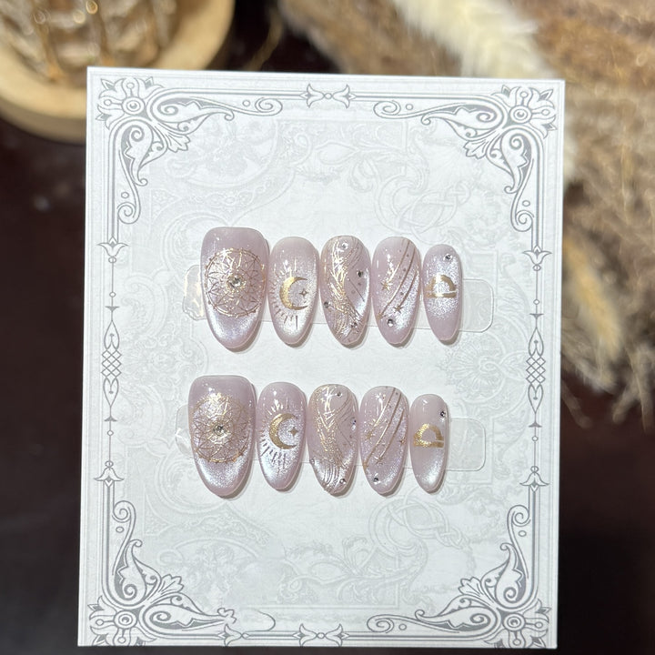 Decorative Press-On Nail Set with Celestial Accents Bowlift