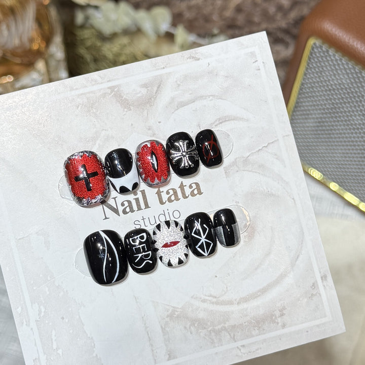 Artistic Black Themed Press-On Nail Set Bowlift