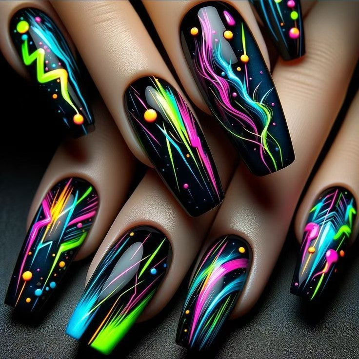 Creative artificial nails with luminous neon design Bowlift