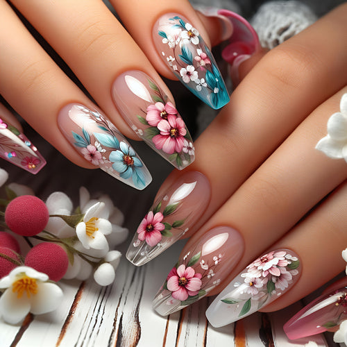 Artificial nail design with floral accents Bowlift