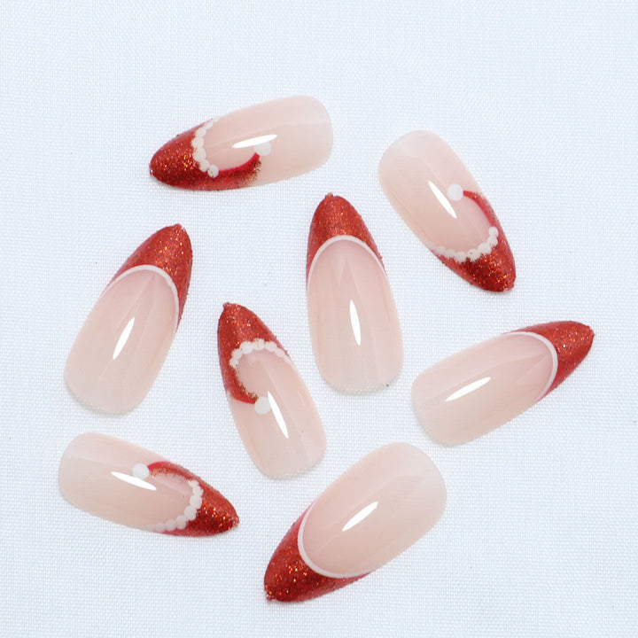 Artistic French Tip Press-On Nails with Glitter Accents Bowlift