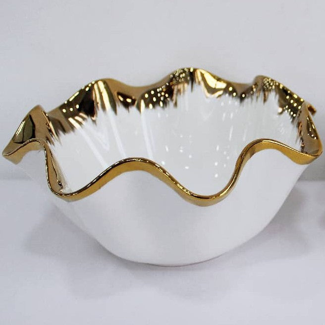 Hand-Glazed Metallic-Trimmed Ruffled Ceramic Centerpiece Bowl Bowlift