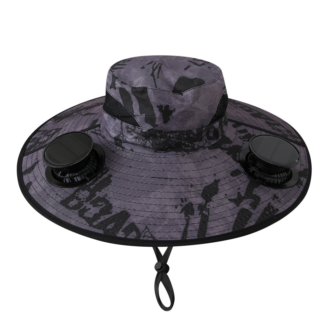 Wide sun hat with integrated solar fans breathable mesh adjustable chin strap Bowlift