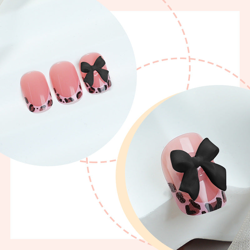 Decorative Press-On Nail Art Set with Unique Bow and Leopard Accents Bowlift