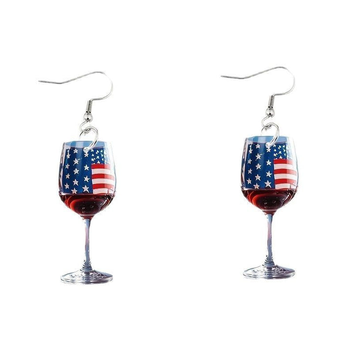 Women's nan novelty wine glass dangle earrings with patriotic American flag enamel Bowlift