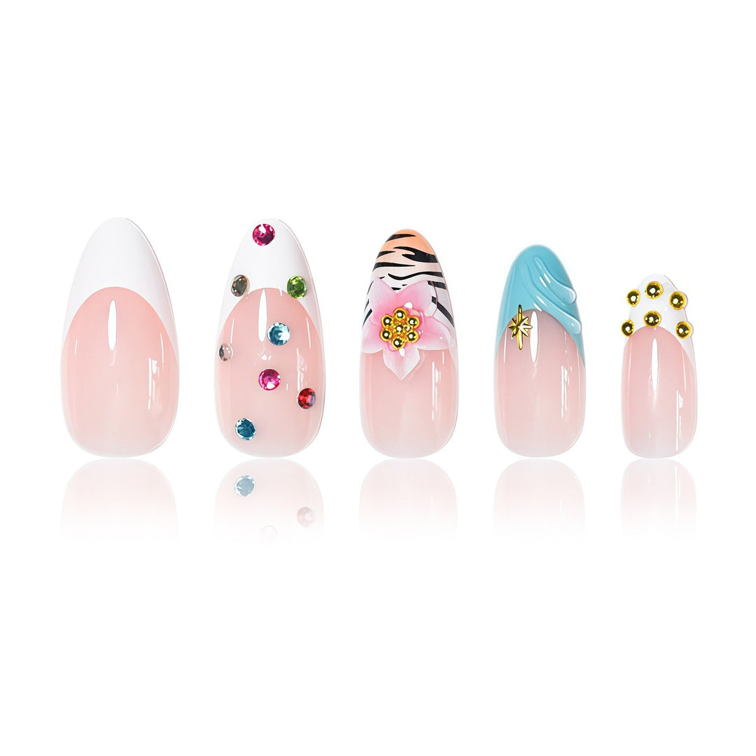 Artistic Stiletto Nail Enhancements with Unique Emblem Accents Bowlift