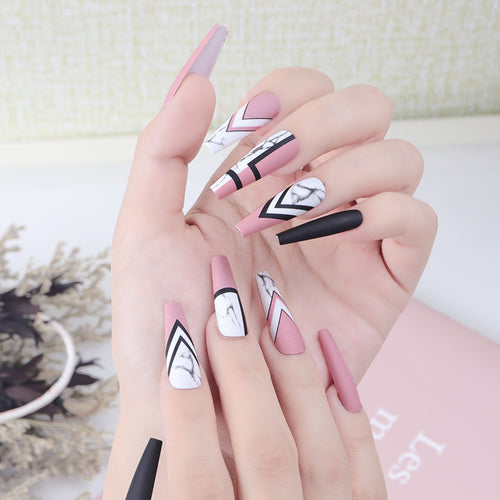 Artistic Long Stiletto Press-On Nails Set with Geometric Patterns Bowlift