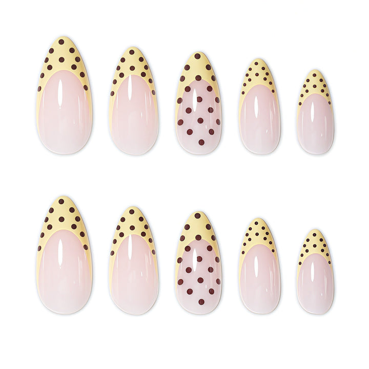Elegant French Tip Nail Enhancements with Polka Dot Design Bowlift