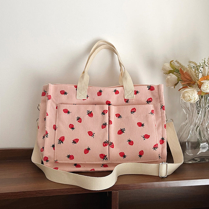 WoStylish Multi-Pocket Strawberry Print Canvas Tote Bag Bowlift