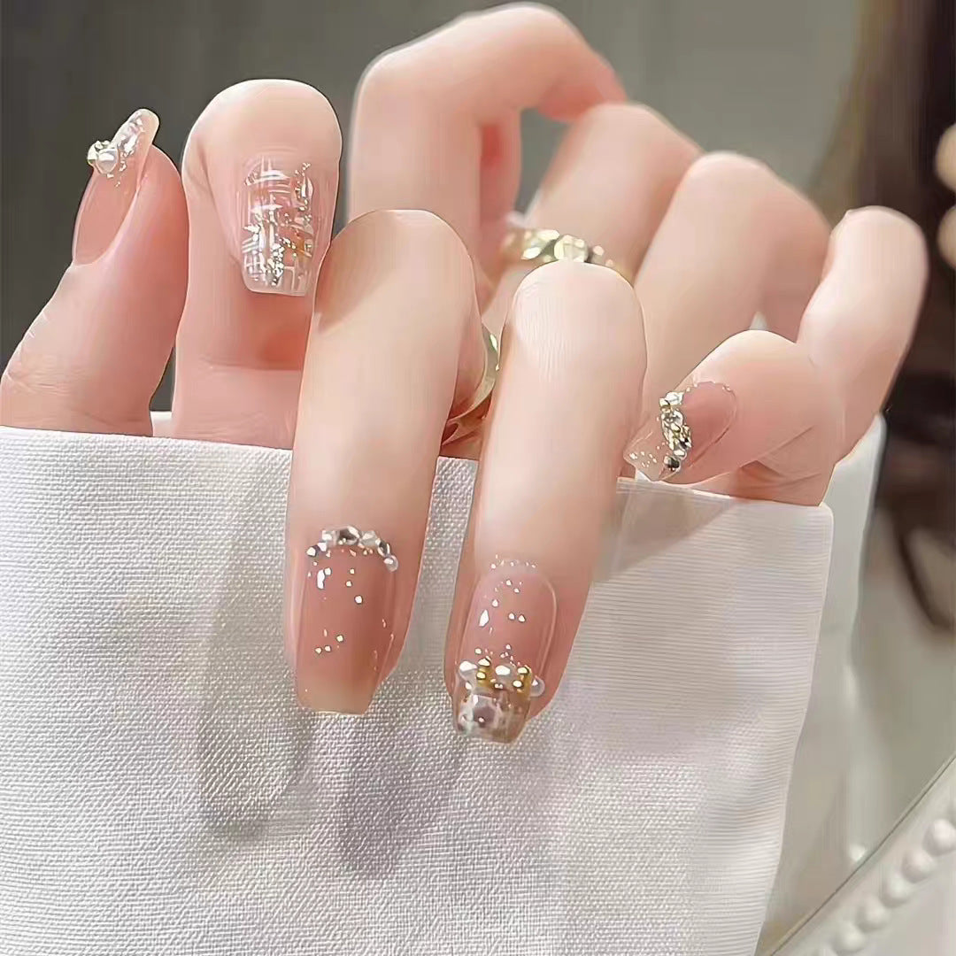 Elegant Press-On Nail Set with Decorative Pearls Bowlift