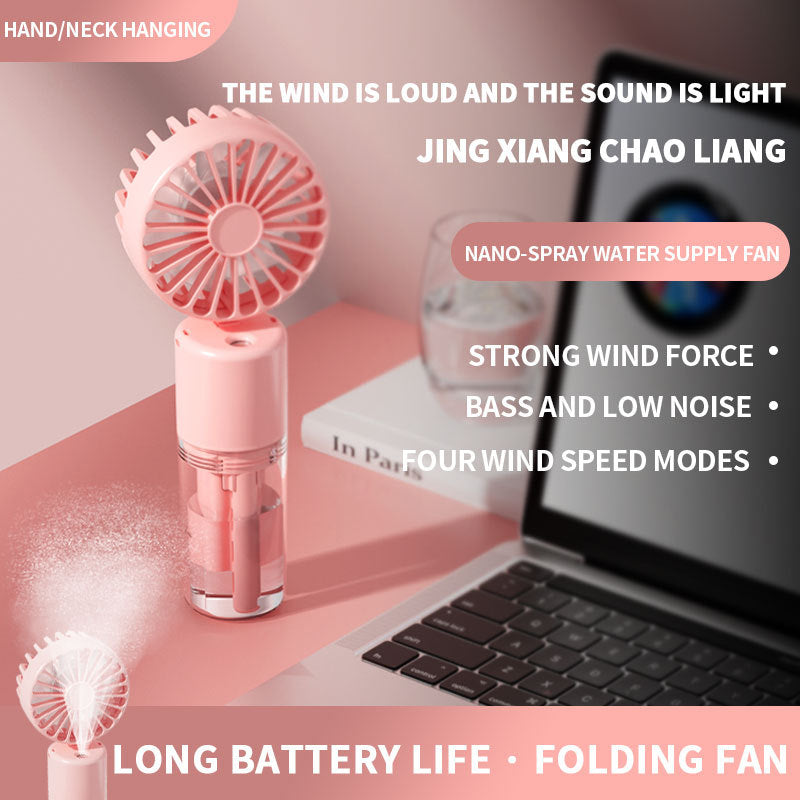 Cooling compact rechargeable folding misting handheld fan with transparent water reservoir detachable base and four speed brushless motor Bowlift