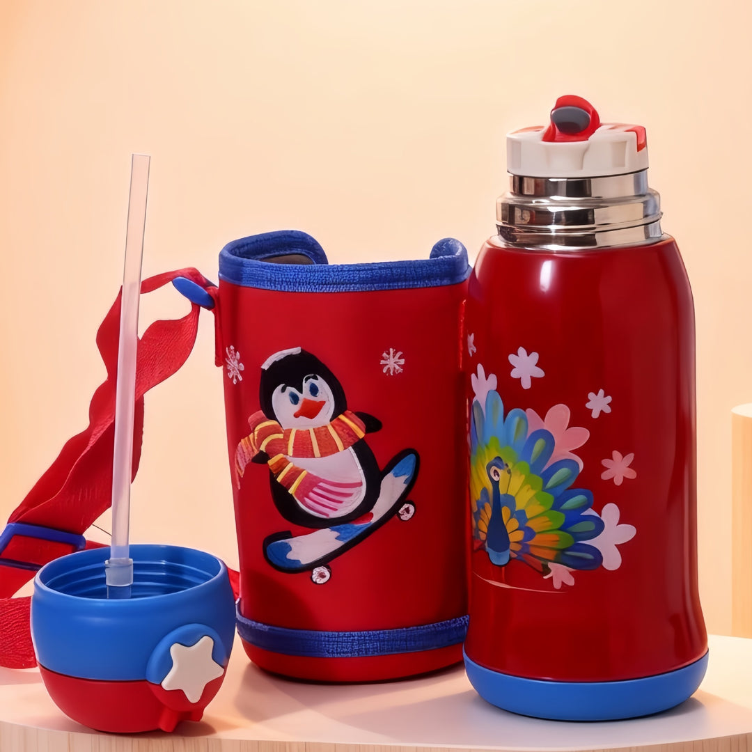 Women's Insulated Water Bottle with Practical Carry Strap and Animal Design Bowlift
