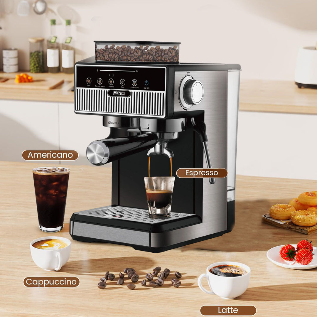 Espresso machine with integrated grinder and precise temperature settings Bowlift
