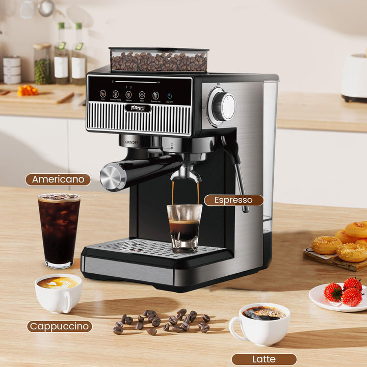 Espresso machine with integrated grinder and precise temperature settings Bowlift