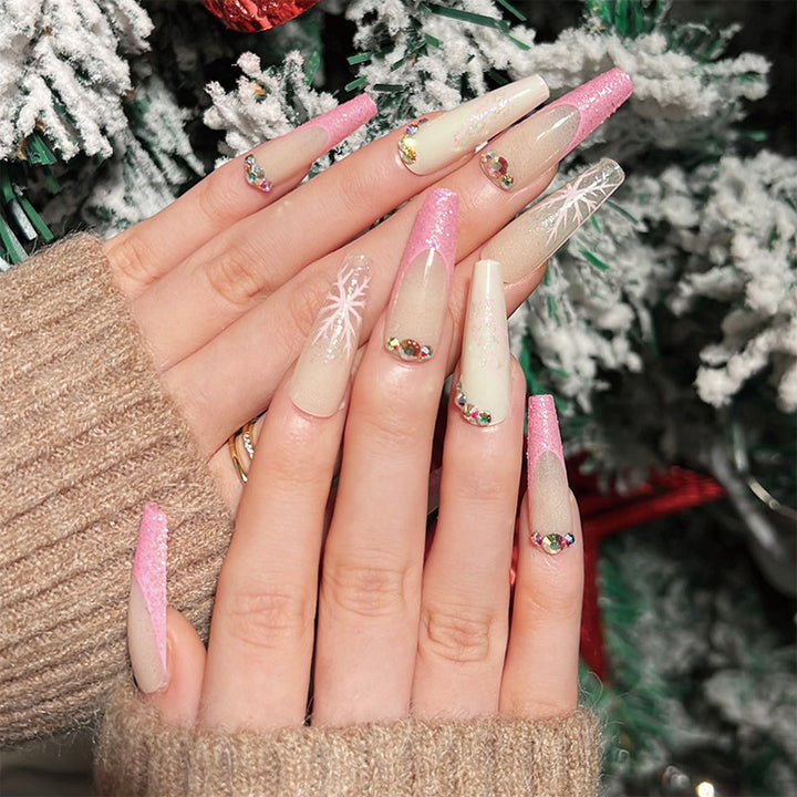 Artistic stiletto nails with glitter and snowflake design Bowlift