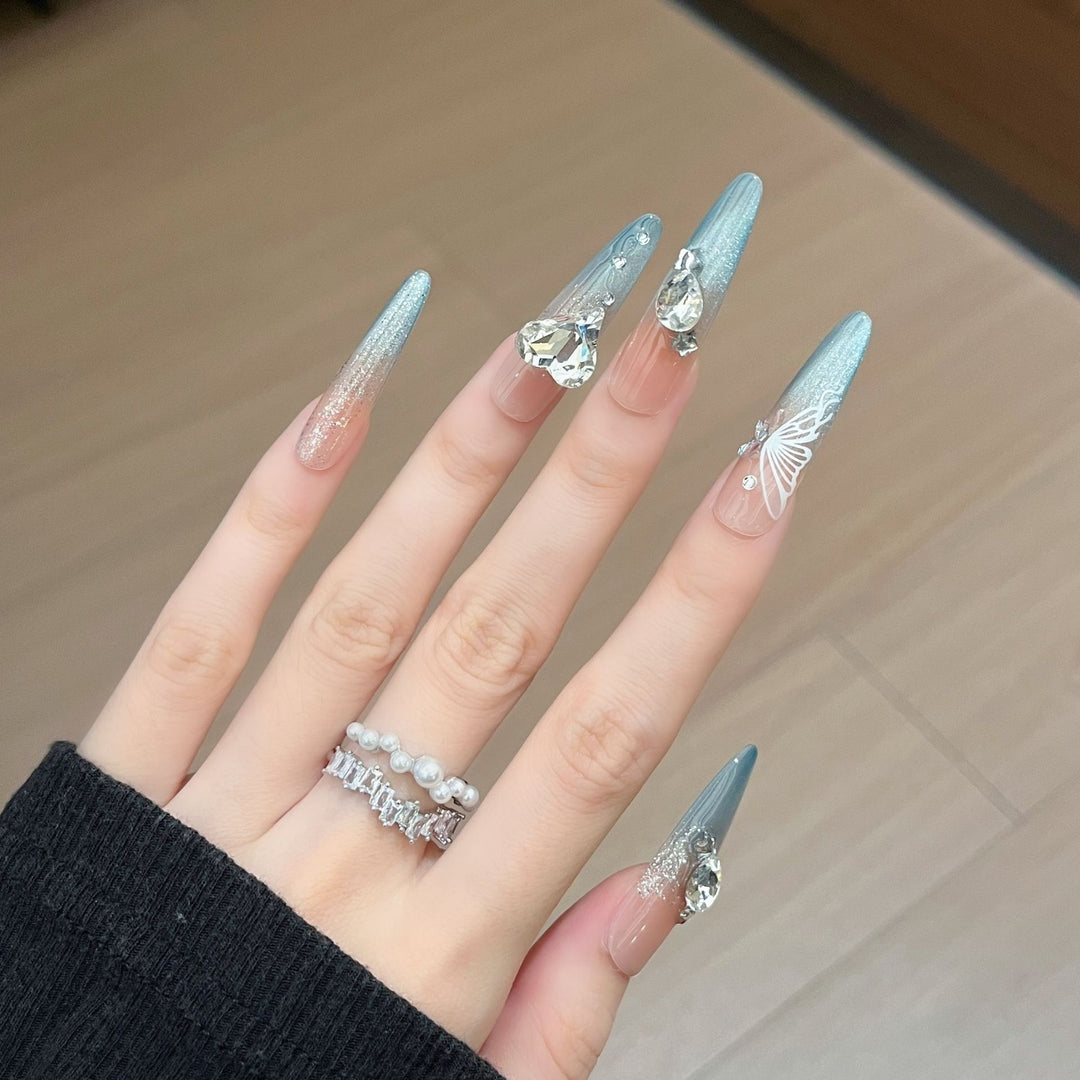 Artistic Crystal-Embellished Press-On Nail Art Bowlift