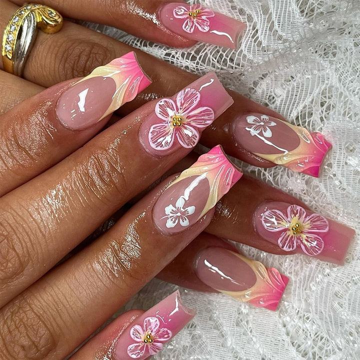 Artistic Nail Extensions with Floral Designs Bowlift