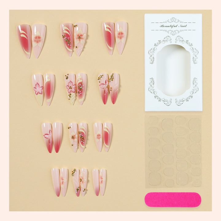 Decorative Stiletto Press-On Nail Art Set with Floral Accents Bowlift