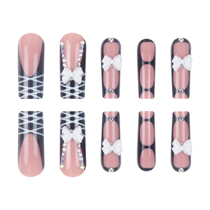 Stiletto Press-On Nail Set with Decorative Bow and Gem Accents Bowlift