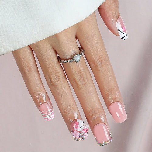 Artistic Press-On Nail Set with Cute Character Designs Bowlift