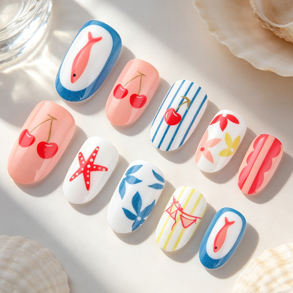 Artistic Summer-Themed Press-On Nail Art Bowlift