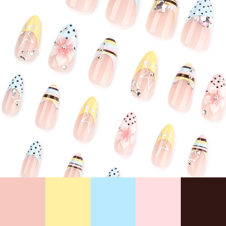 Creative nail designs with floral accents and glitter Bowlift