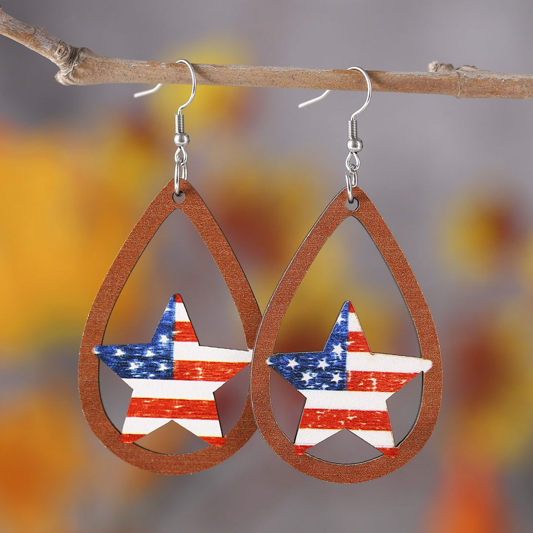 Ladies' nan teardrop-shaped wooden earrings with multi-layer star and stripe appliqué and nickel-free ear hooks Bowlift