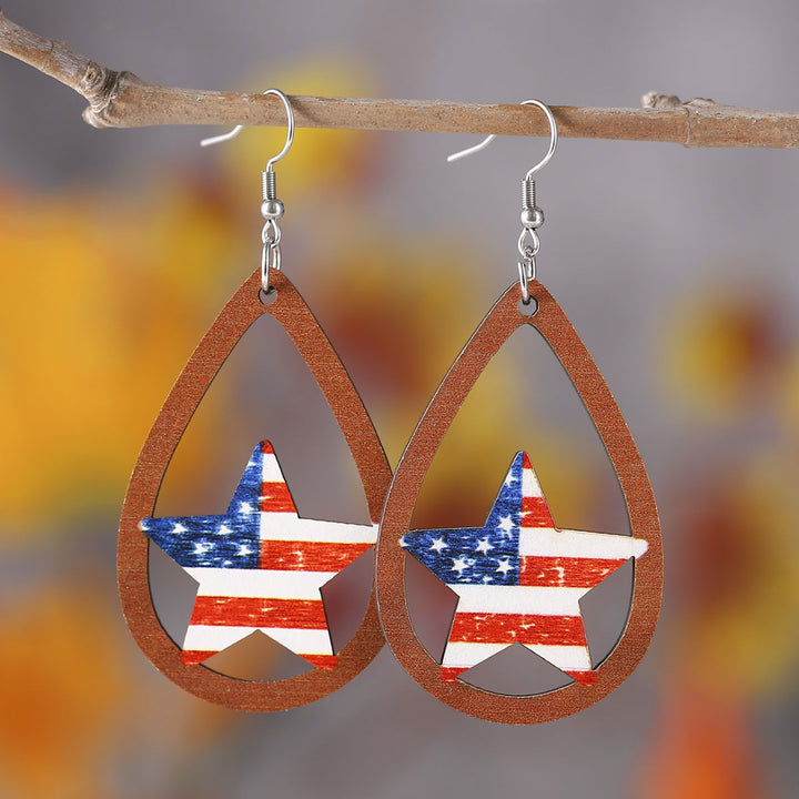 Ladies' nan teardrop-shaped wooden earrings with multi-layer star and stripe appliqué and nickel-free ear hooks Bowlift