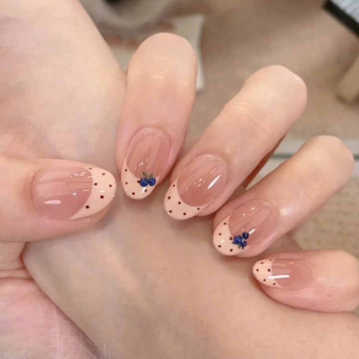 Artistic Press-On Nail Set with Berry and Polka Dot Design Bowlift