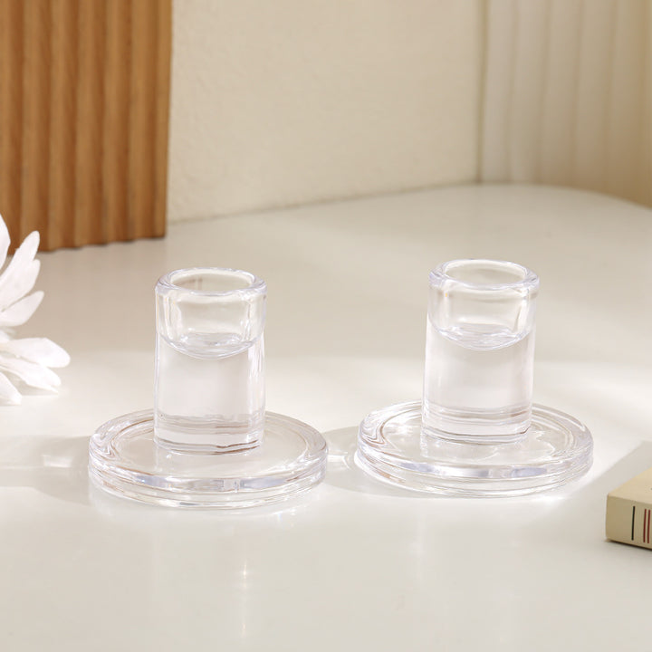 Clear Thick Glass Taper Candle Holders Set Minimalist Cylinder Base Bowlift